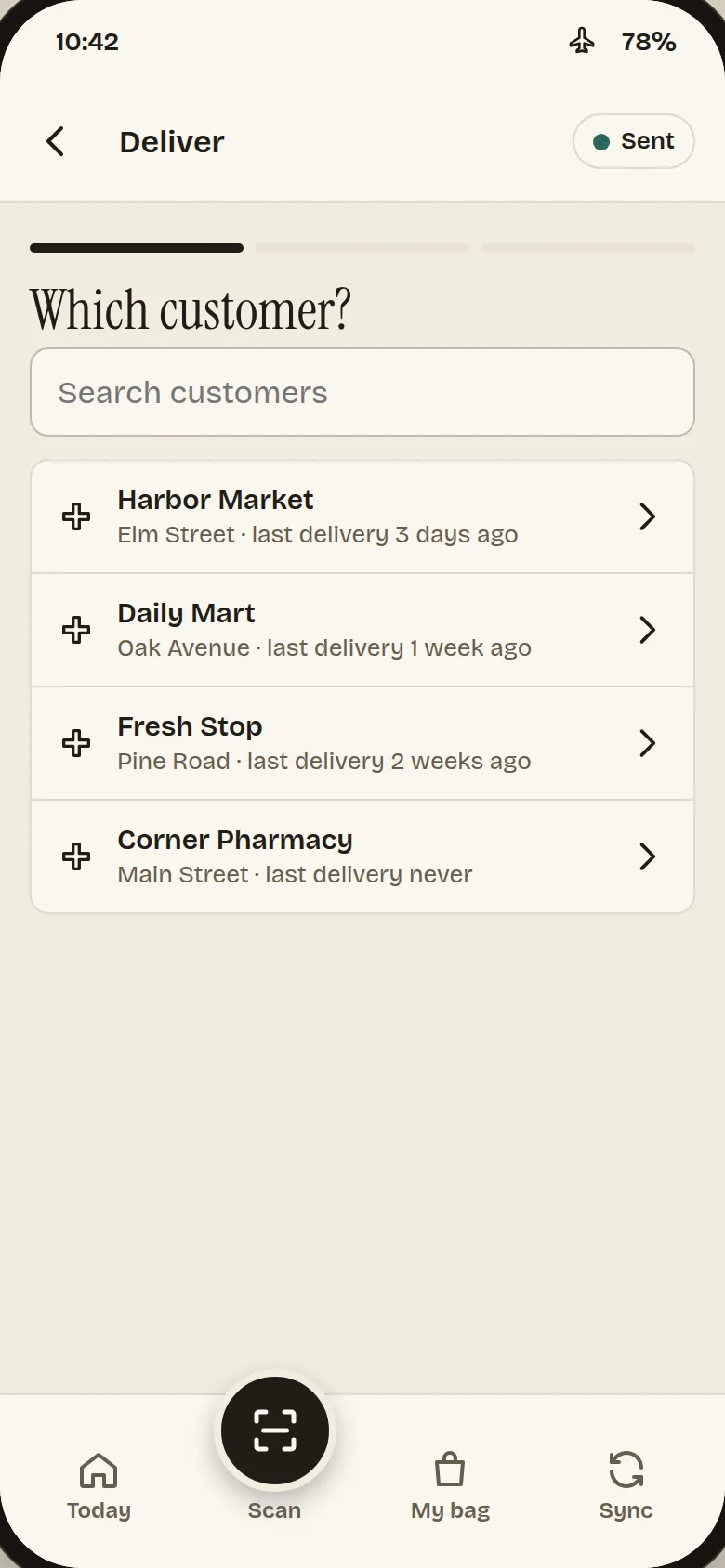 Deliver screen: choosing the customer the boxes go to